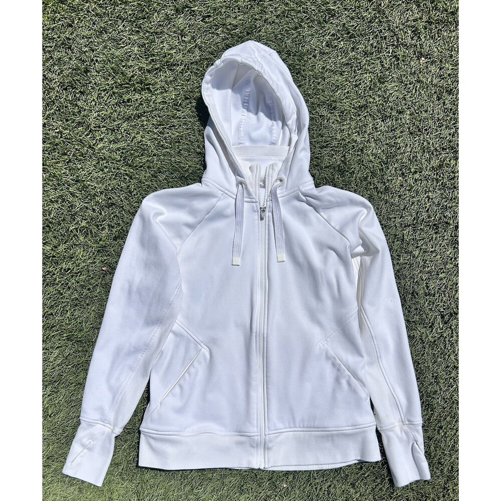 Athleta Triumph Hoodie L White Full Zip Athletic Jacket Thumbholes